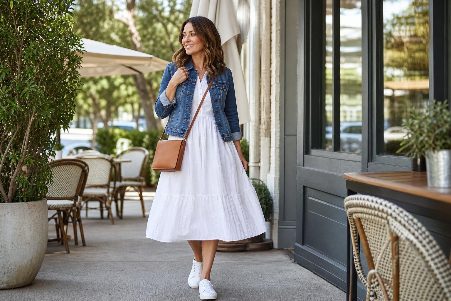 Casual dress outfit ideas for women featuring a cotton midi dress, denim jacket, white sneakers, and crossbody bag