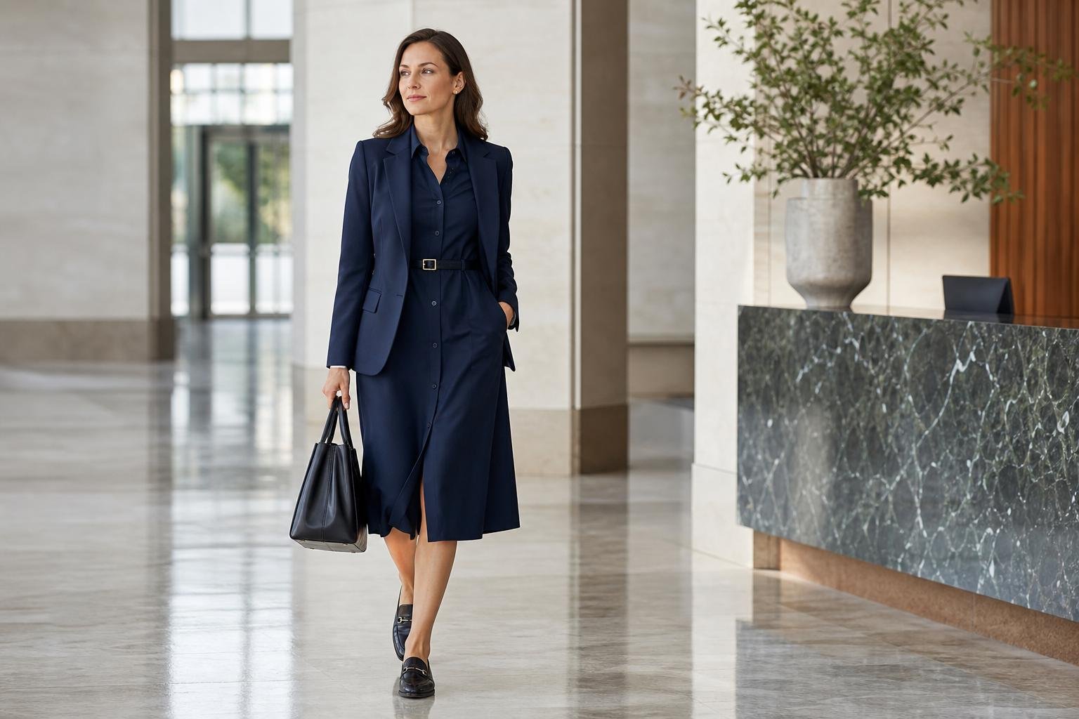 Tailored navy shirt dress styled with a blazer, loafers, and structured tote for a polished office outfit
