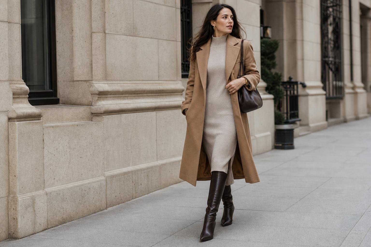 Woman in a camel coat, knit dress, and knee-high leather boots walking on a city sidewalk