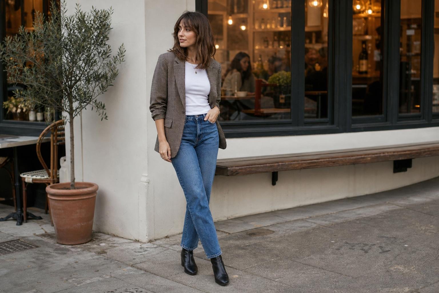 Woman demonstrating boots outfit ideas for ladies with straight-leg jeans and black ankle boots