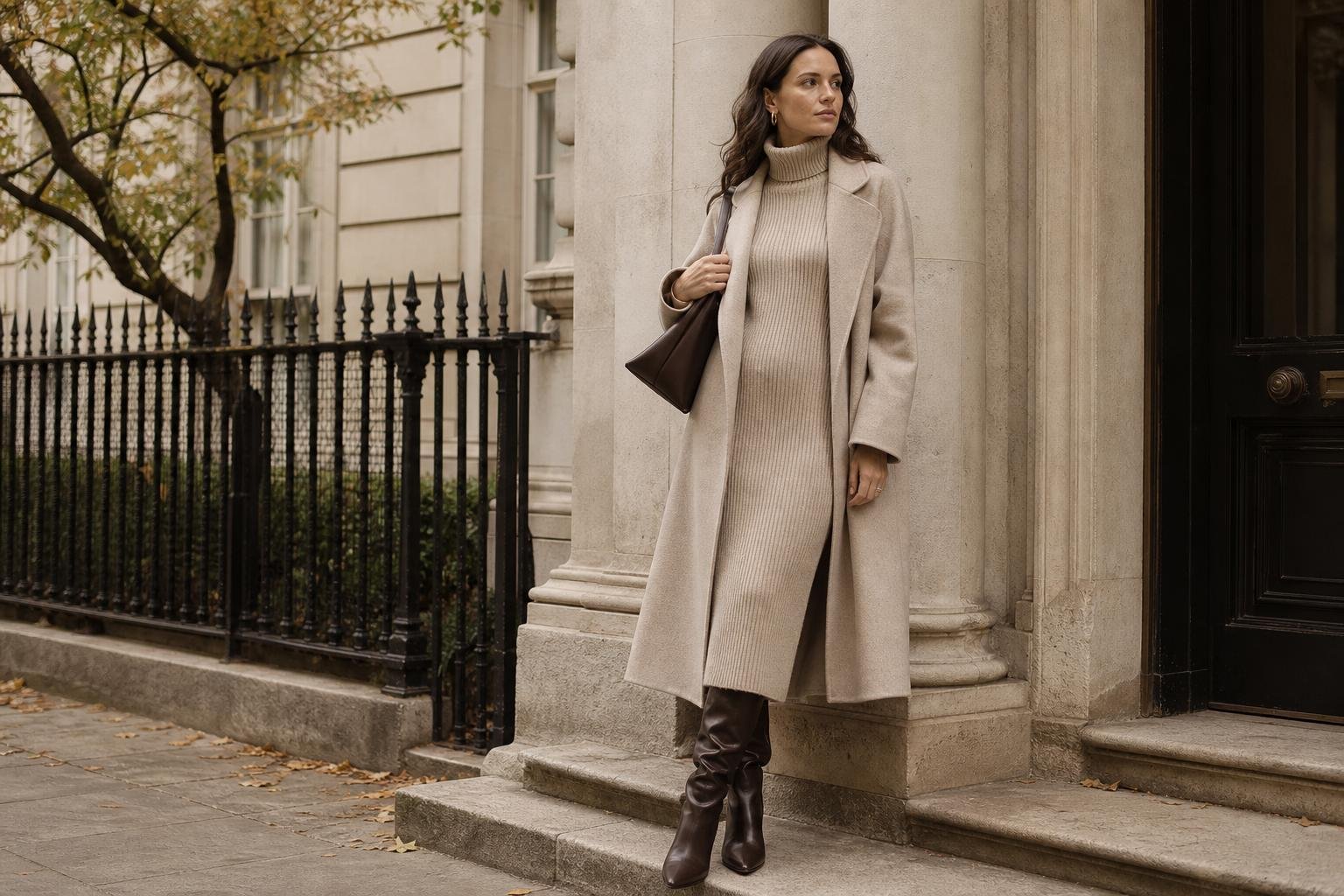 Woman wearing a ribbed sweater dress with slim knee-high boots and a long coat