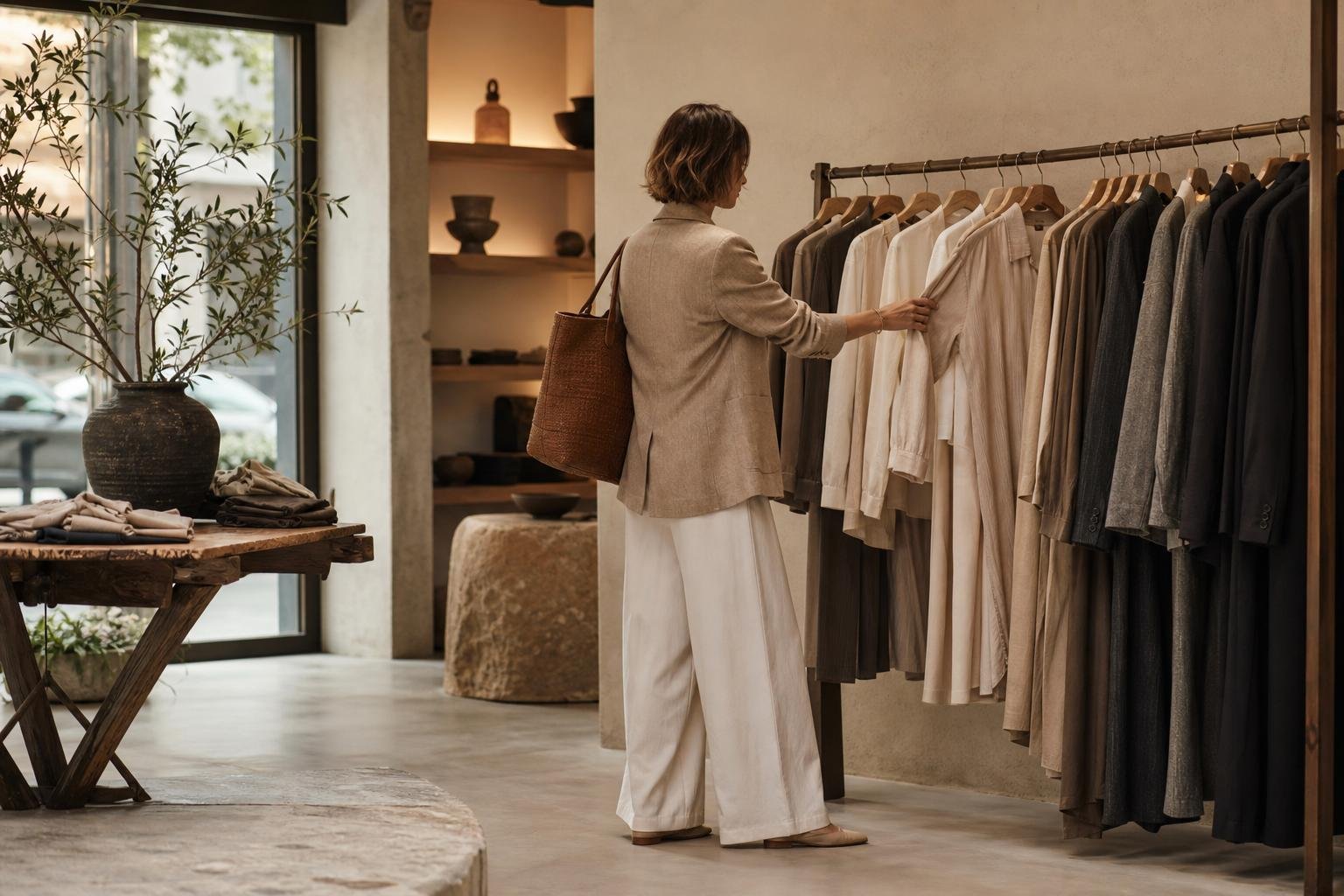Well-dressed adult in a tailored neutral outfit browsing a refined clothing rack in a bright boutique
