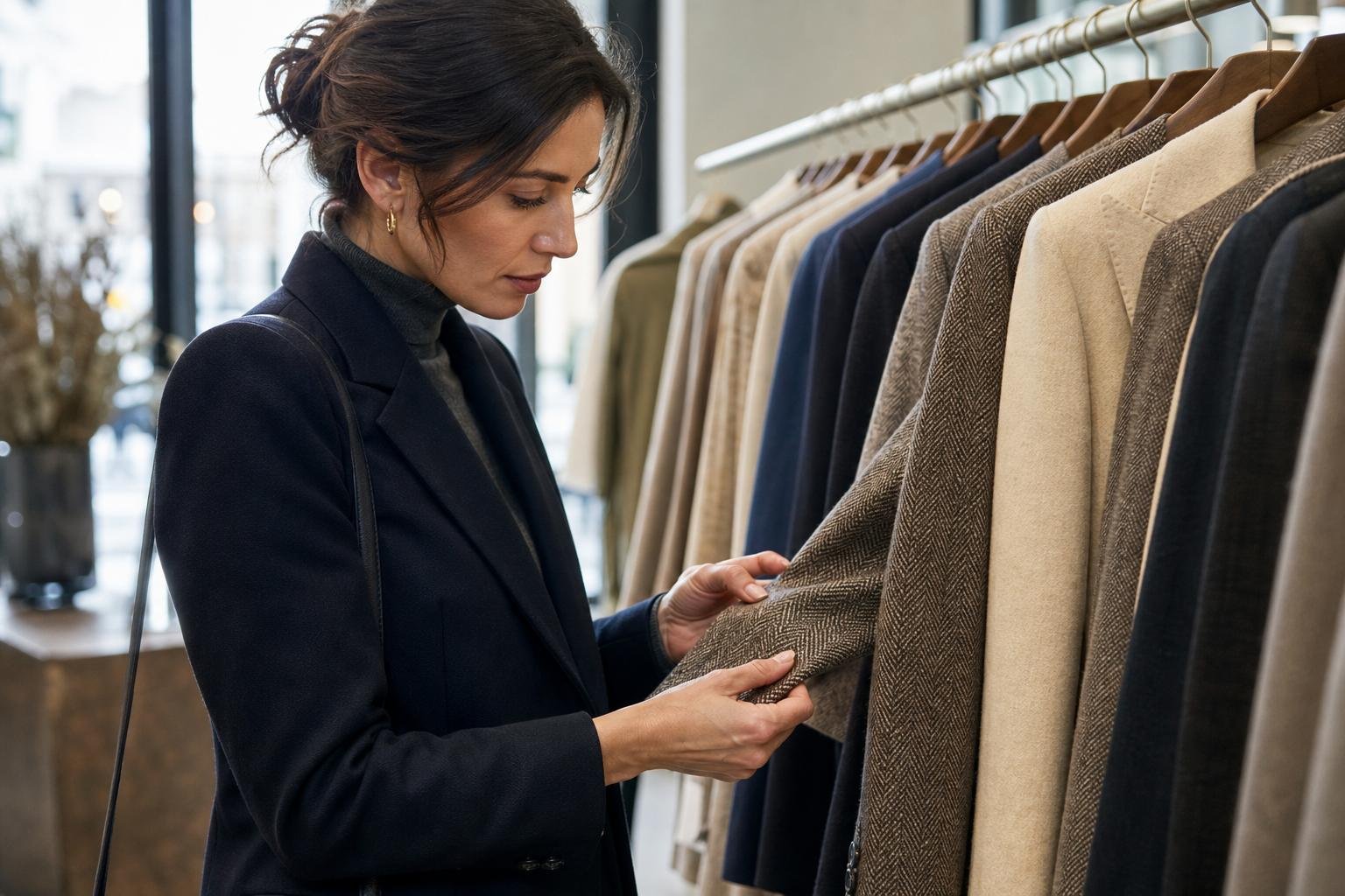 Shopper comparing designer clothes on a clothing rack, examining the fabric and construction of a tailored jacket
