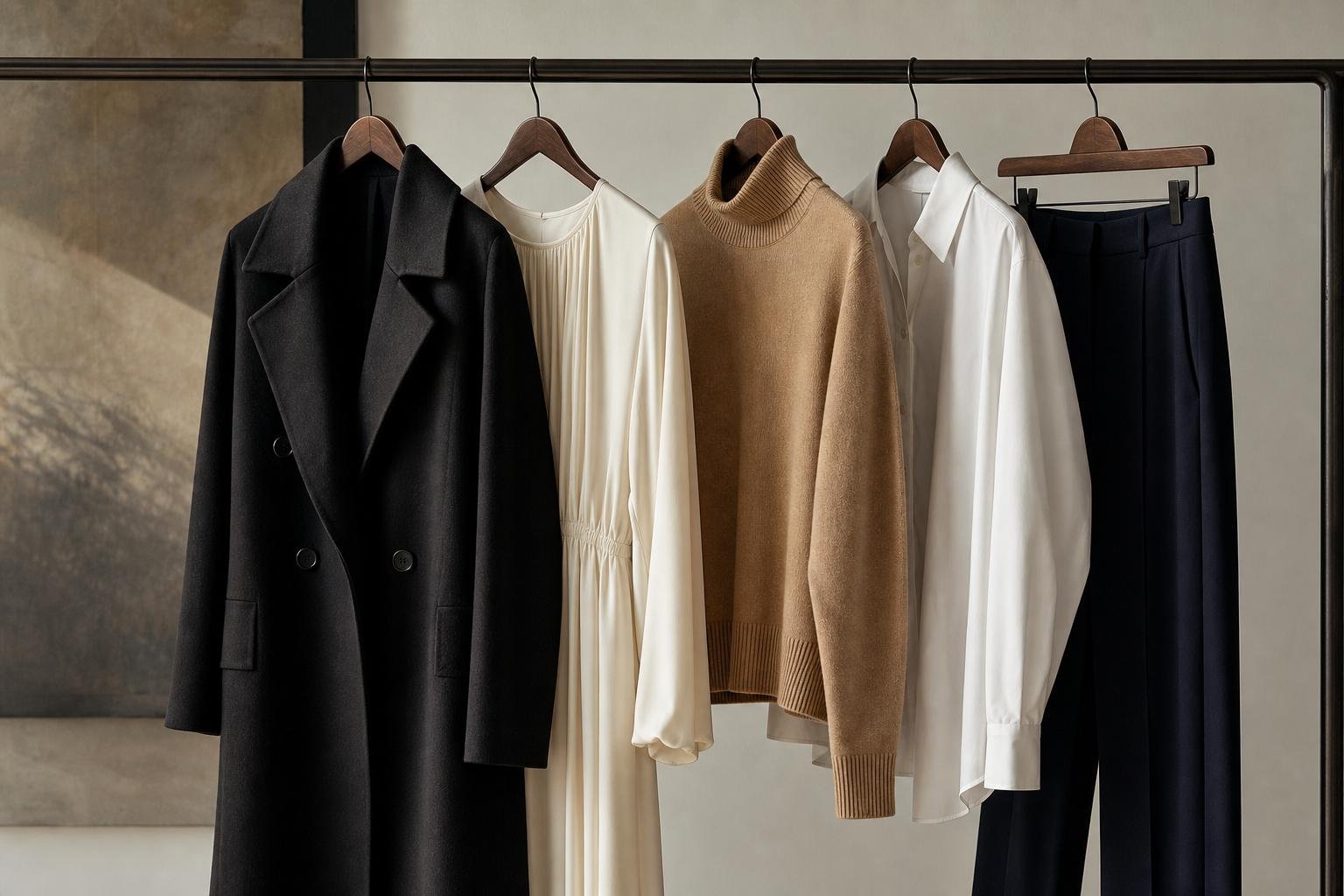 Curated rail showing tailored coats, fluid dresses, knitwear, and minimalist separates in a neutral fashion studio