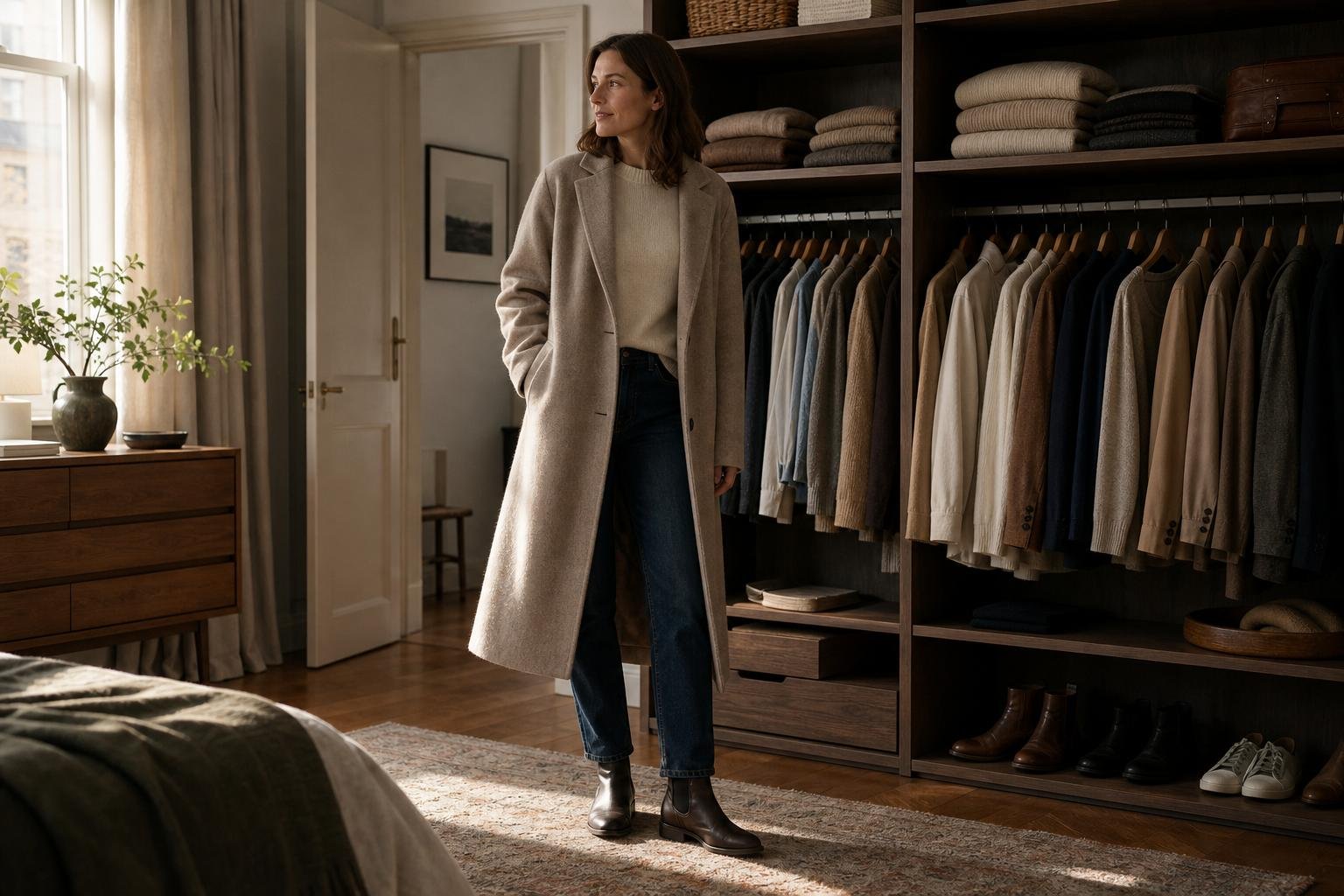 Adult styling a wool coat and leather boots beside a neatly organized wardrobe at home