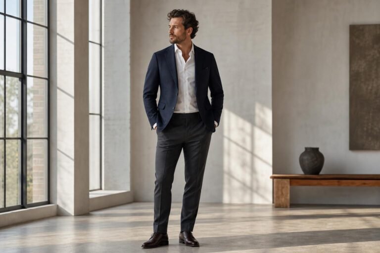 Man wearing a navy blazer and white shirt in a bright tailored menswear setting