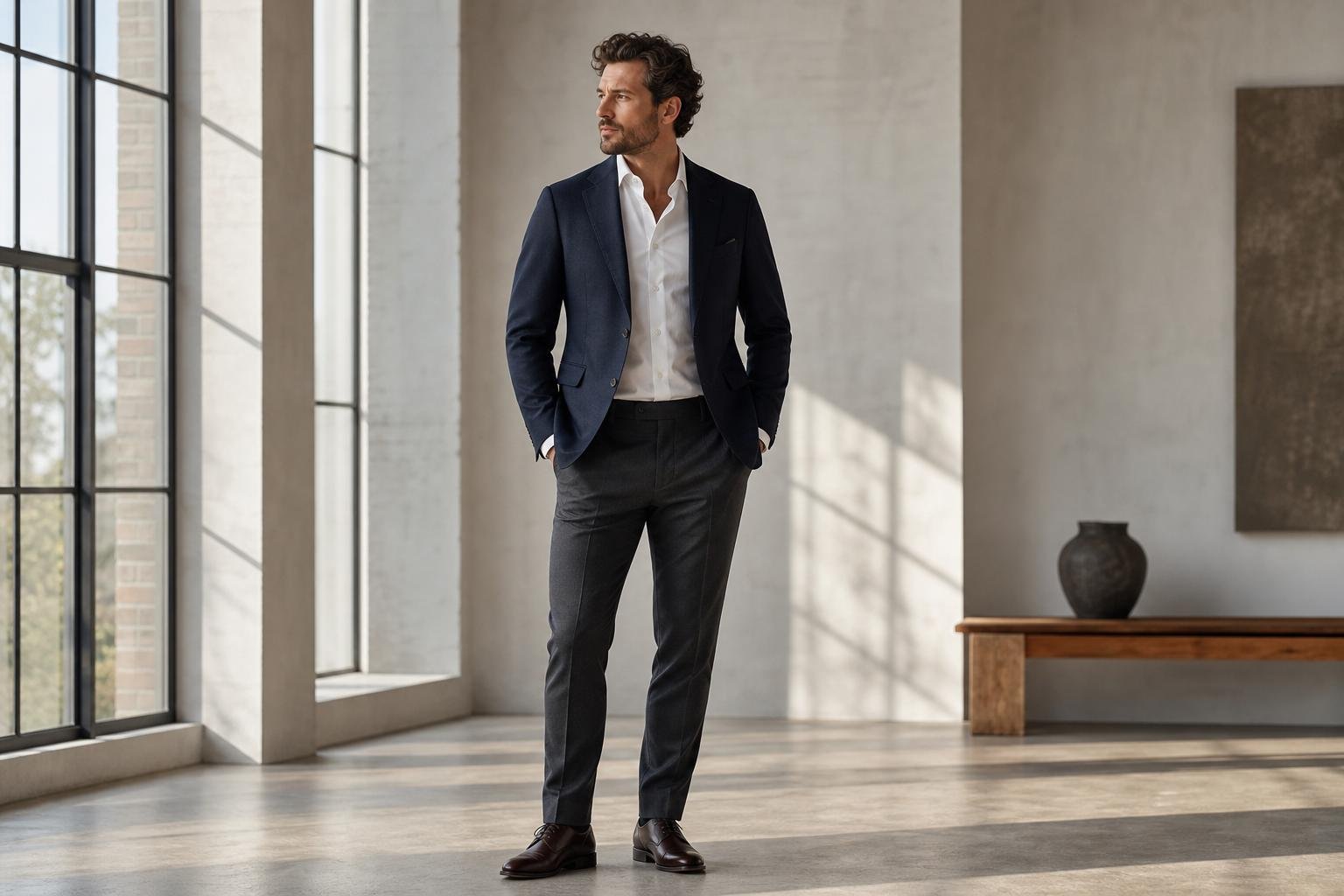 Man wearing a navy blazer and white shirt in a bright tailored menswear setting