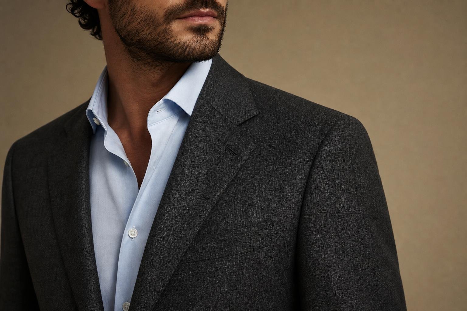 Close view showing how should a blazer fit men at the shoulder seam and collar