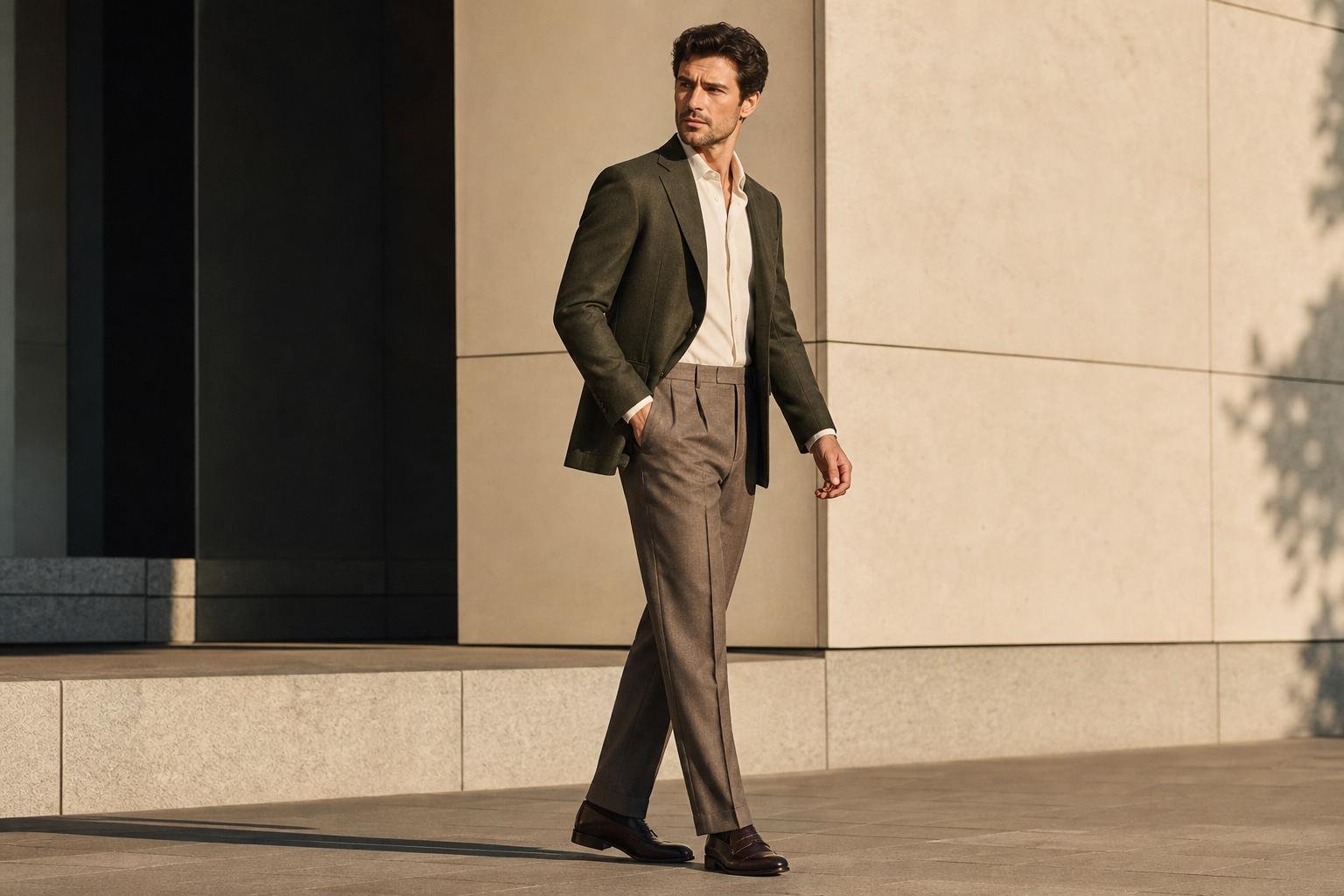 Full-length view of a blazer hem covering the seat with properly finished sleeves