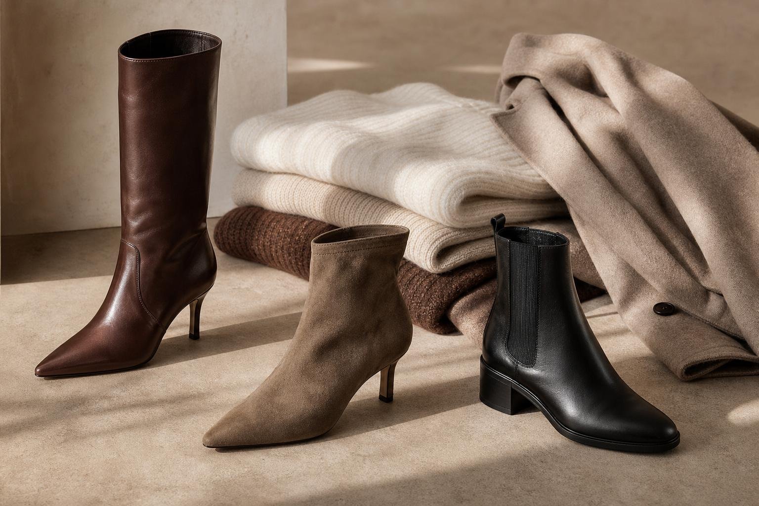 Editorial arrangement of leather ankle boots, knee-high boots, and a textured knit on a warm neutral floor