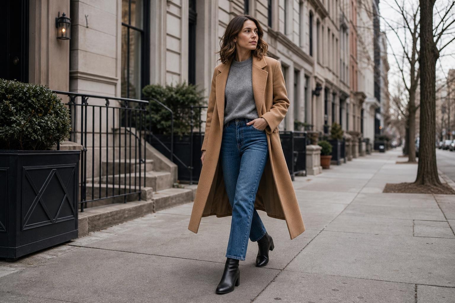 Woman wearing boots for women with straight-leg jeans and a long neutral coat on a city sidewalk