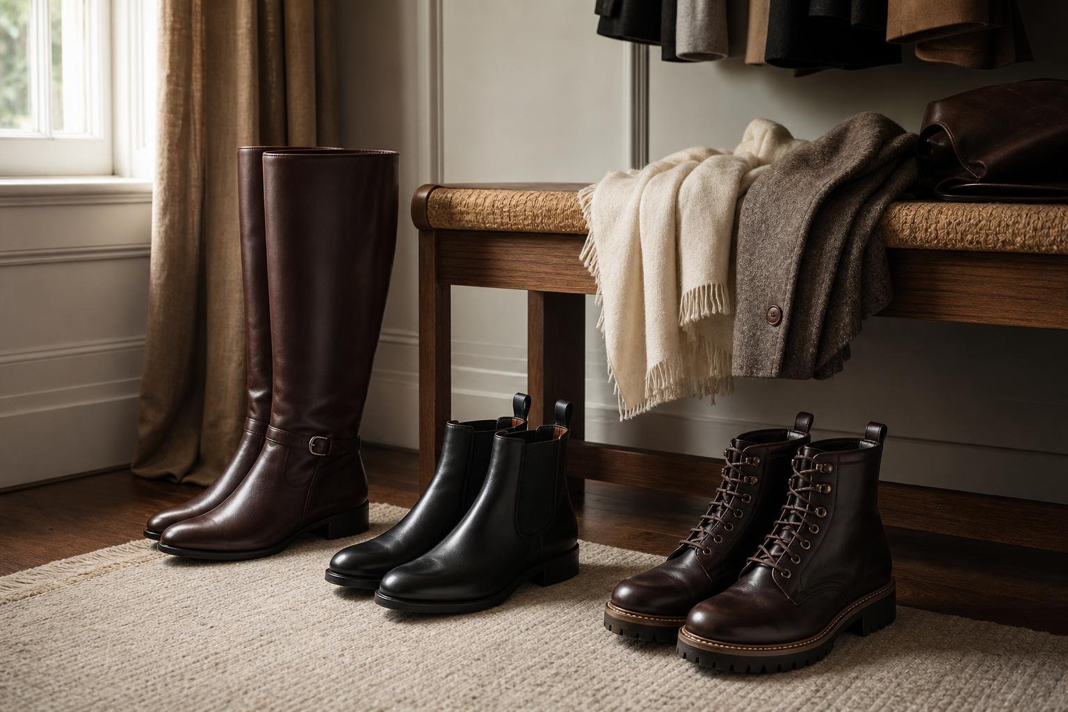 Knee-high leather boots beside Chelsea and lace-up boots in a thoughtfully styled dressing room