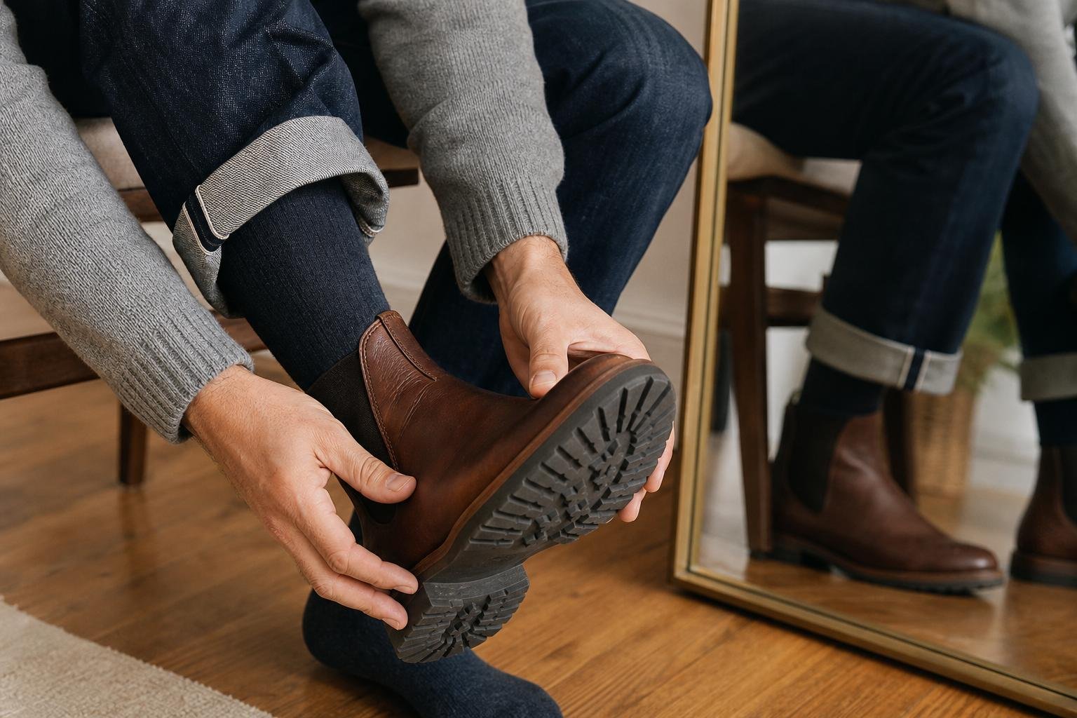 Close view of a person checking the sole and fit of a brown leather ankle boot near a mirror