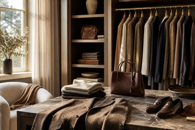 Curated wardrobe with tailored jacket, leather bag, knitwear, and polished shoes in a sunlit dressing room