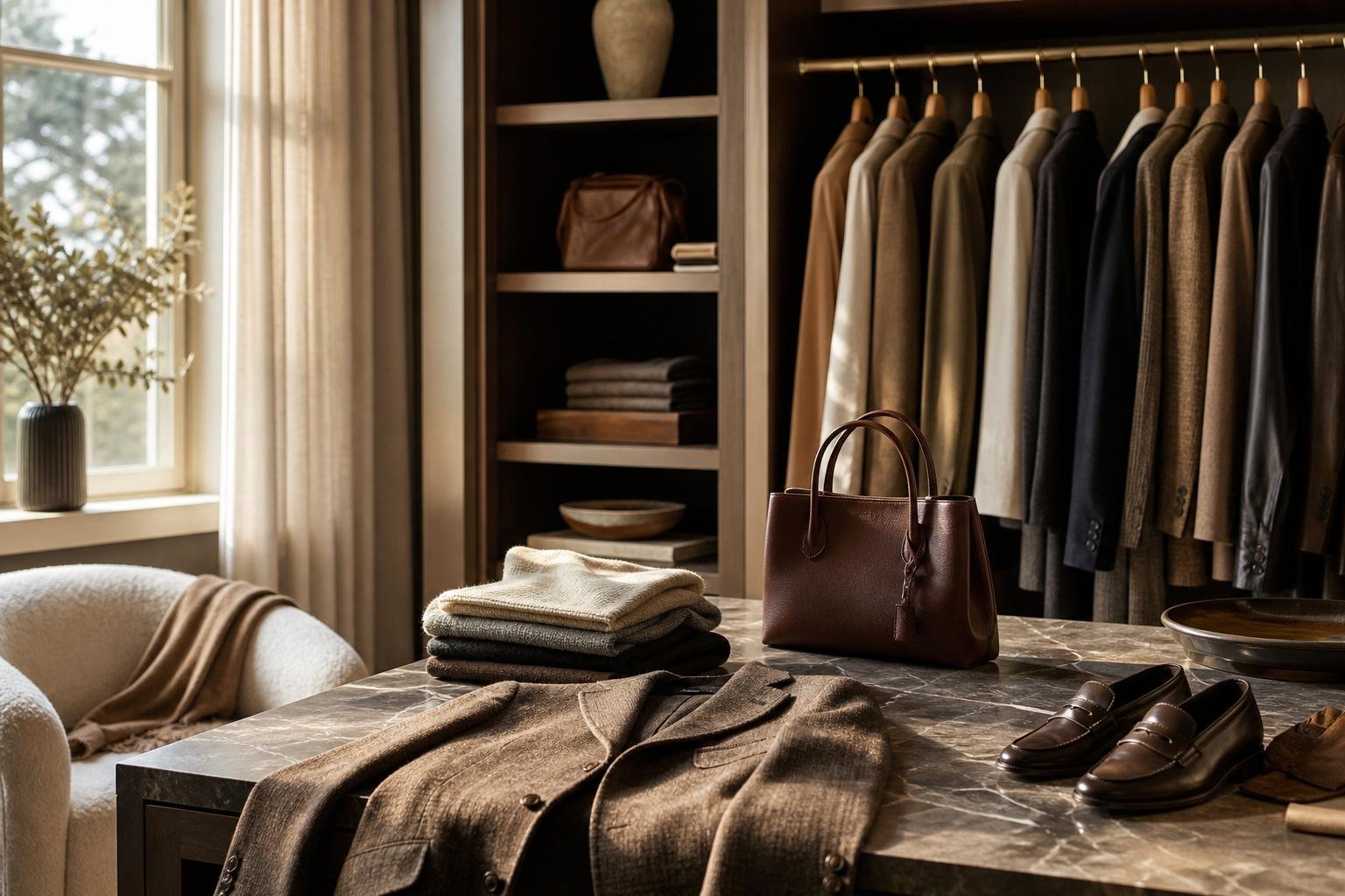 Curated wardrobe with tailored jacket, leather bag, knitwear, and polished shoes in a sunlit dressing room