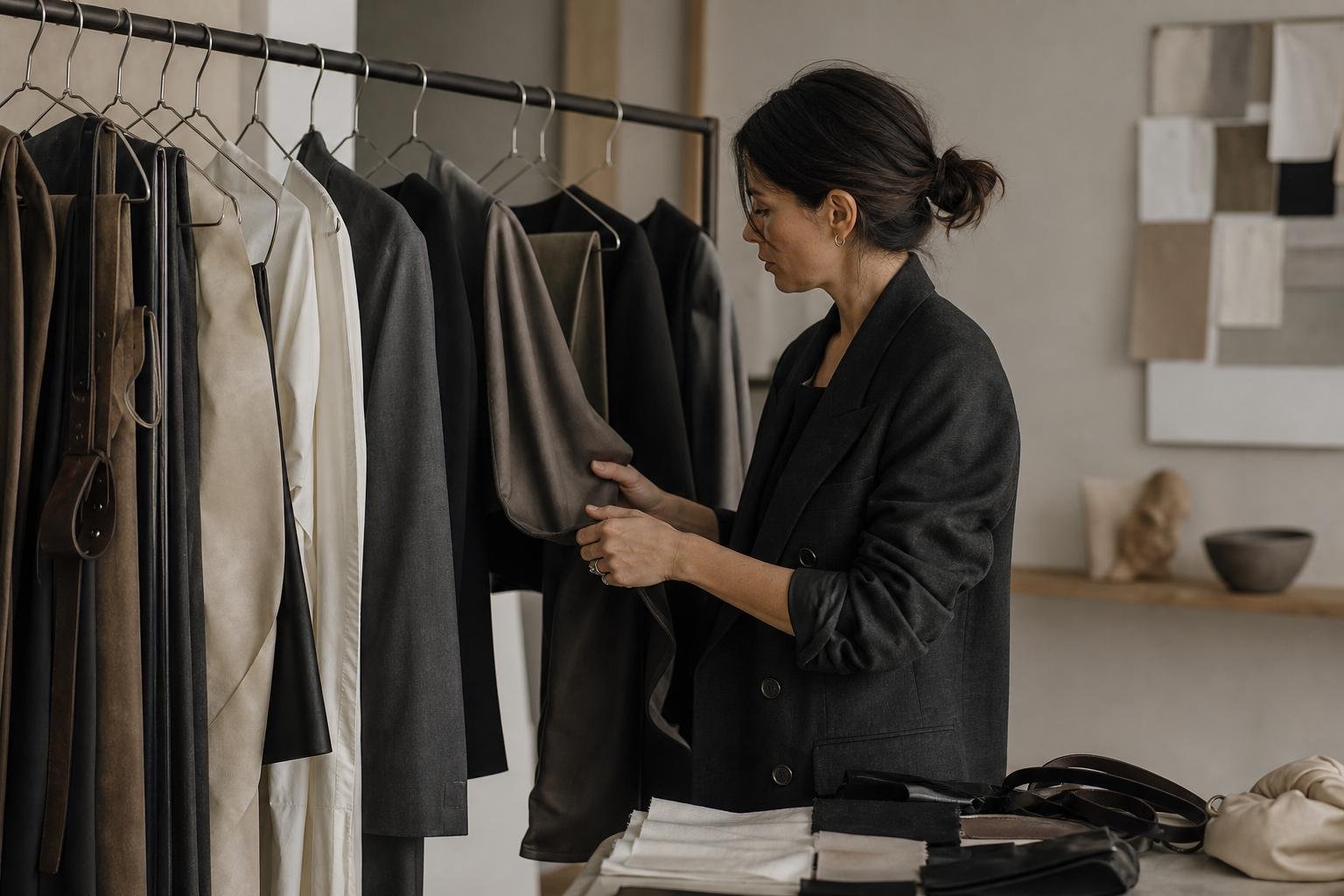 A stylist reviewing a designer portfolio through tailored garments and accessory samples on a studio rack