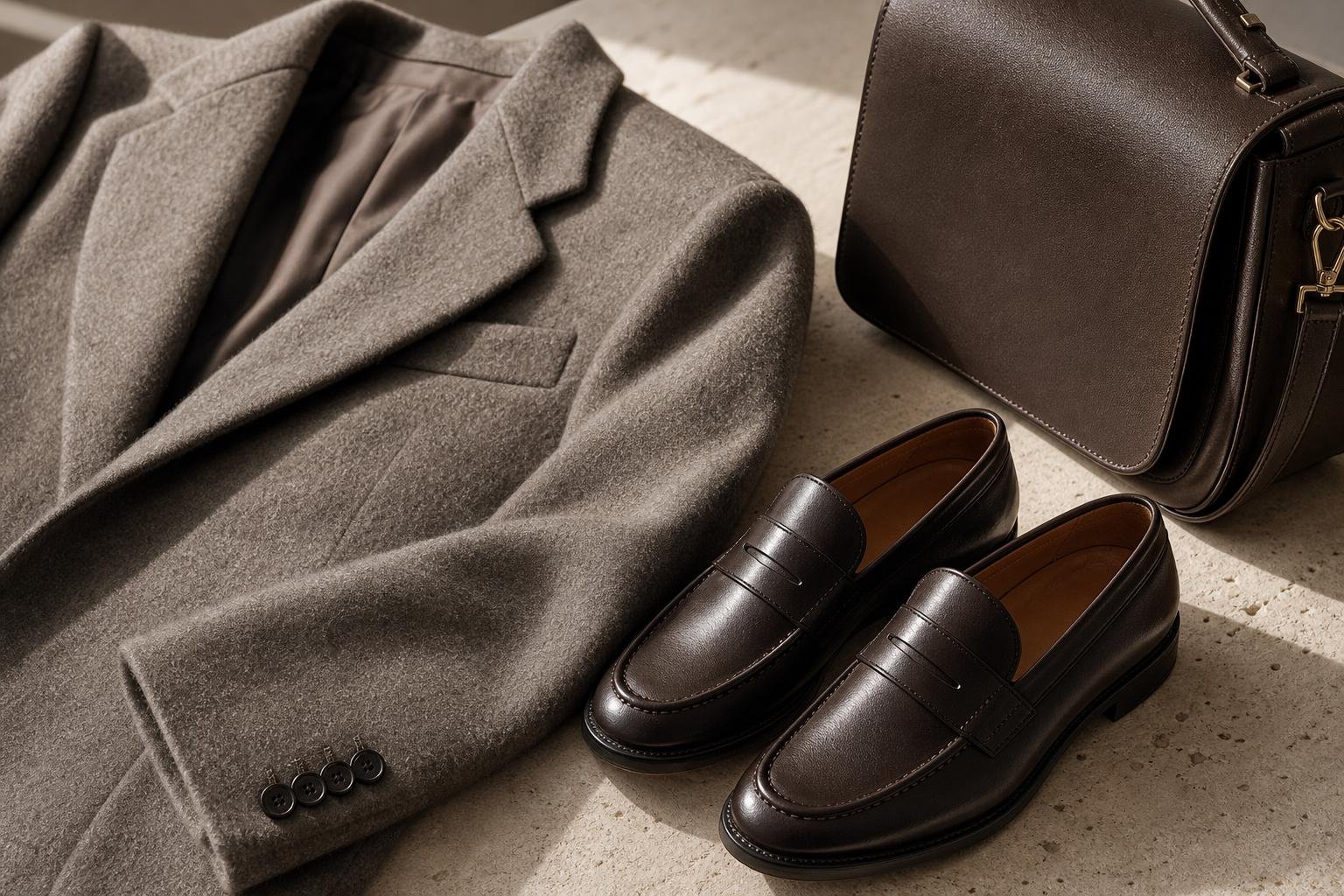 Close view of a wool blazer, leather shoe, and structured bag showing fabric, stitching, and hardware details