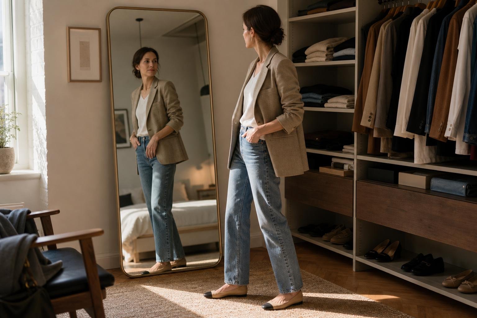 Woman styling a tailored jacket with jeans and flats in front of an organized wardrobe mirror