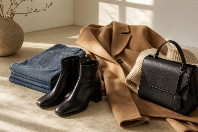 Editorial flat lay of leather ankle boots, a wool coat, denim, and a structured handbag