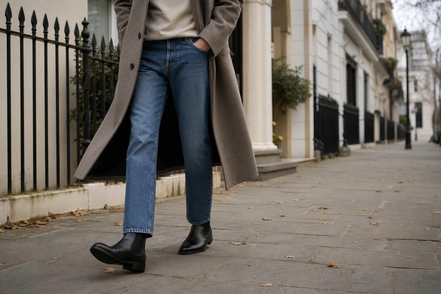 Person wearing boots uk style black Chelsea boots with straight-leg jeans on a city sidewalk