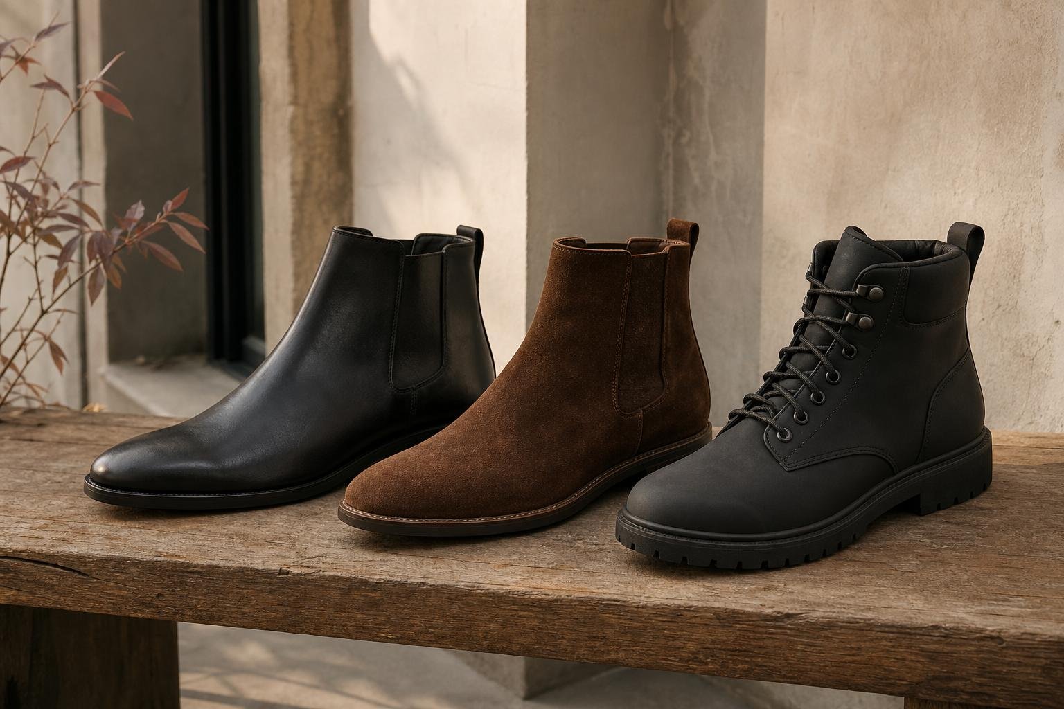 Close view of smooth leather, suede, and waterproof lace-up boots arranged on a bench