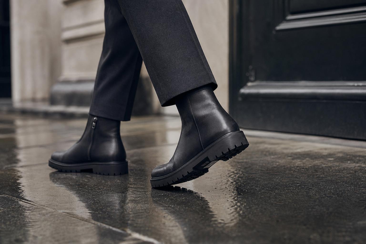 Adult walking in lug-sole ankle boots on a rain-dampened urban pavement