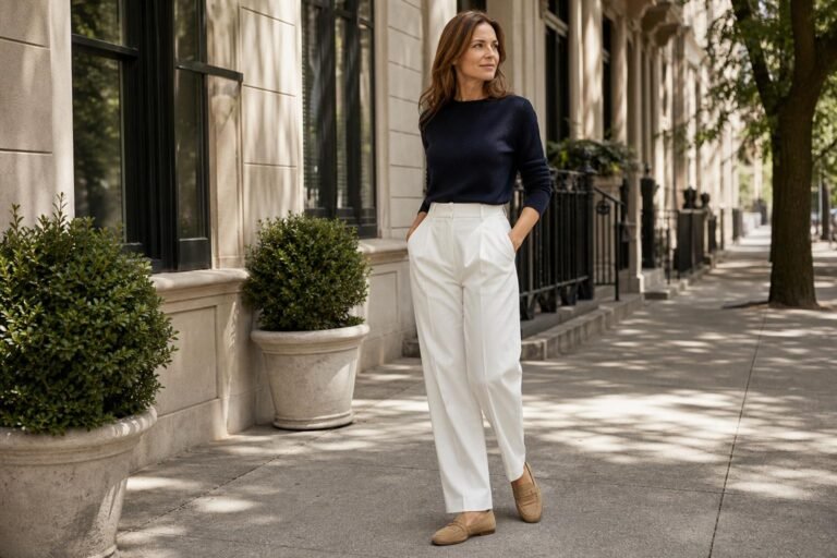 Woman in tailored white trousers and a navy knit standing on a sunlit city sidewalk