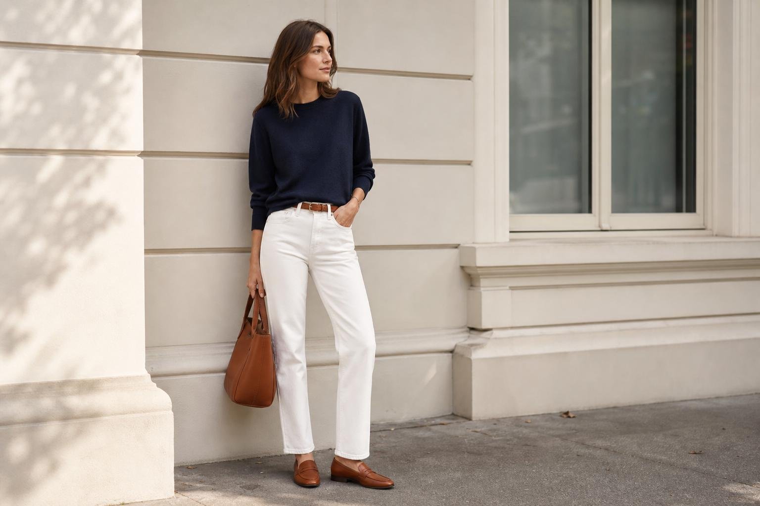 A woman demonstrates what to wear with white pants female readers can try: a navy knit, straight white jeans, and loafers.