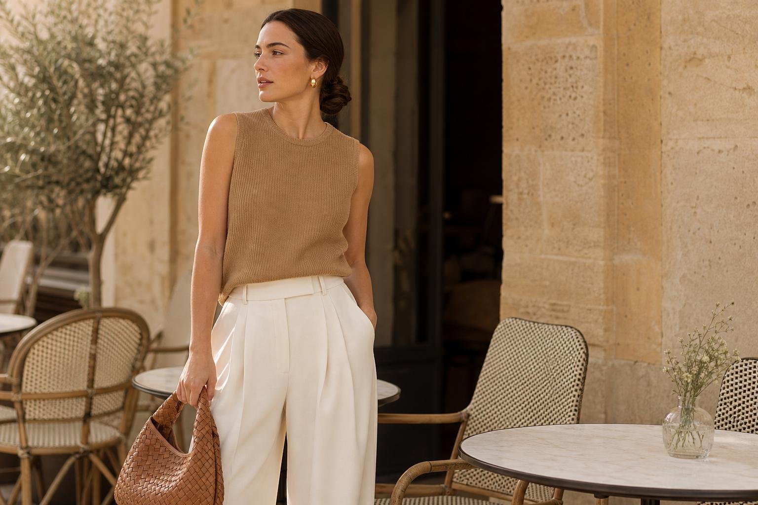 Woman wearing ivory wide-leg trousers with a camel sleeveless knit and woven leather accessories
