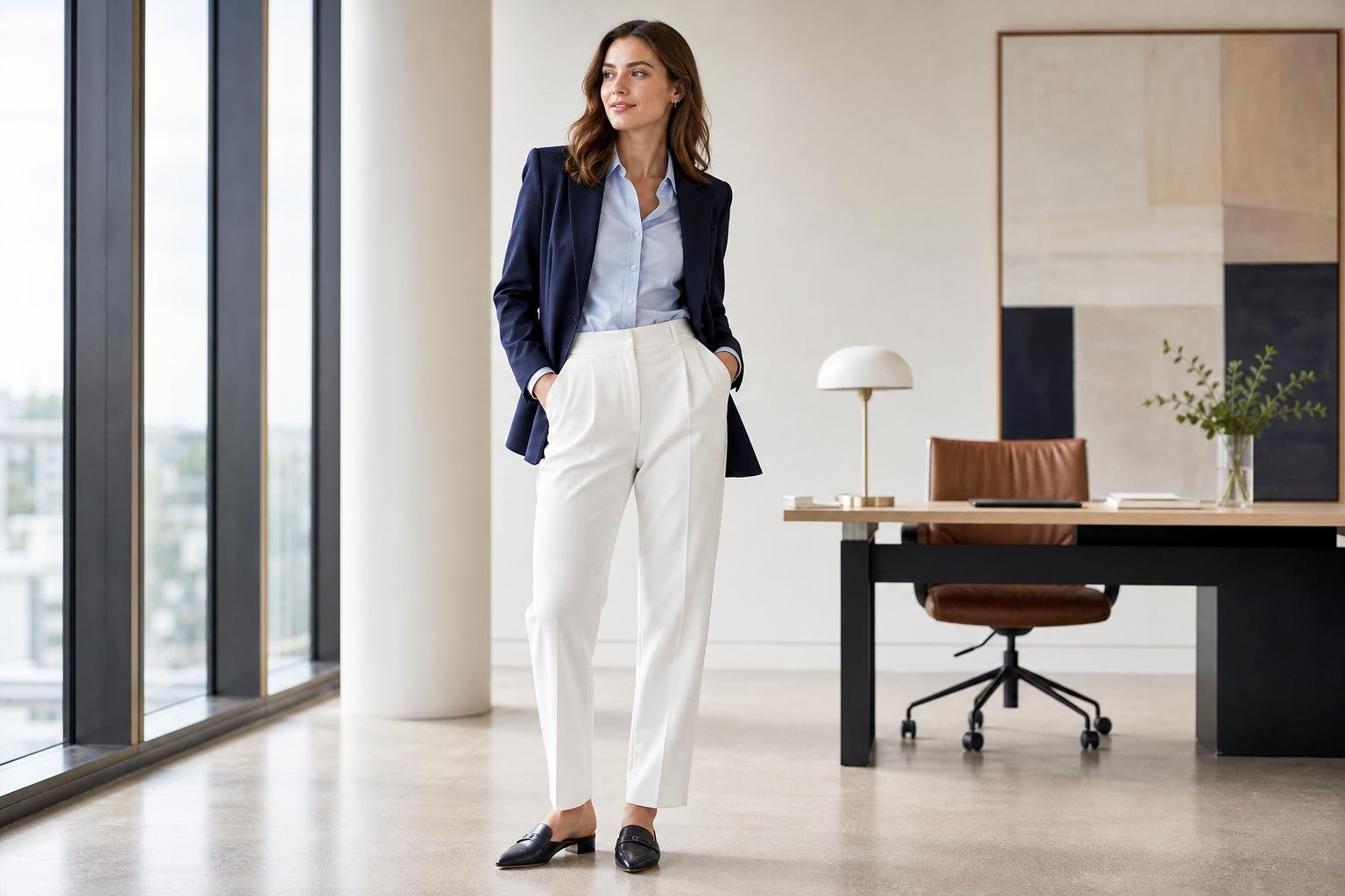 Woman in white tailored trousers, a pale blue blouse, navy blazer, and pointed loafers in an office setting
