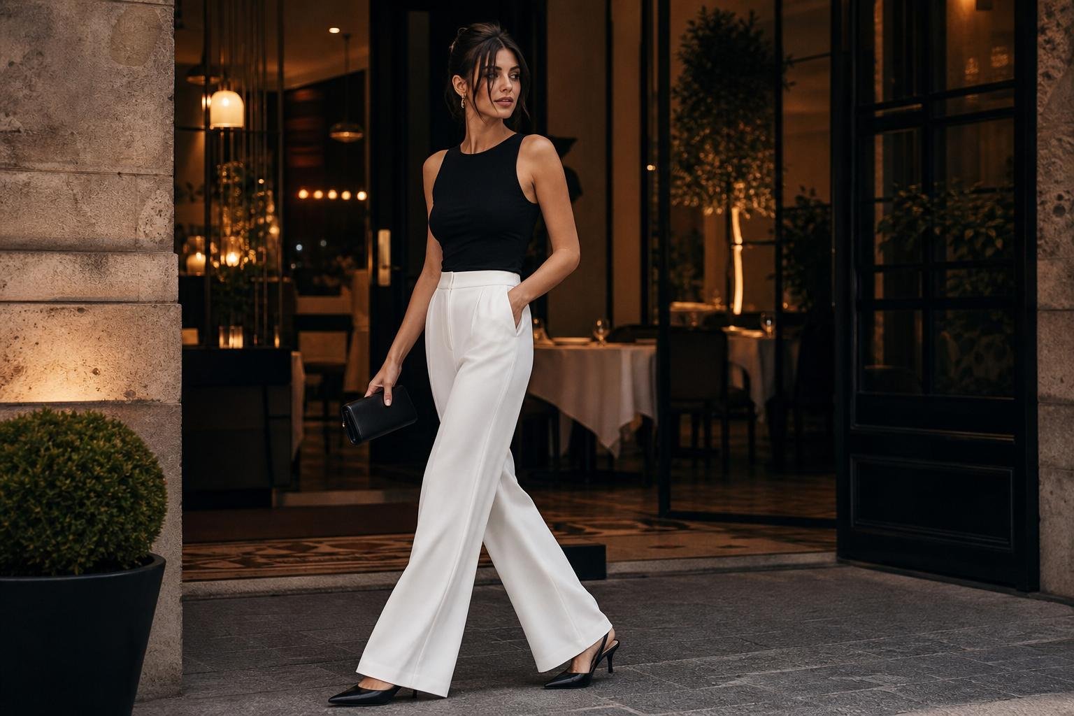 Woman in white wide-leg pants with a black fitted top and pointed black slingback heels for evening