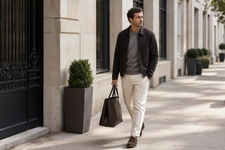 Well-dressed man carrying a structured dark leather tote on a city street