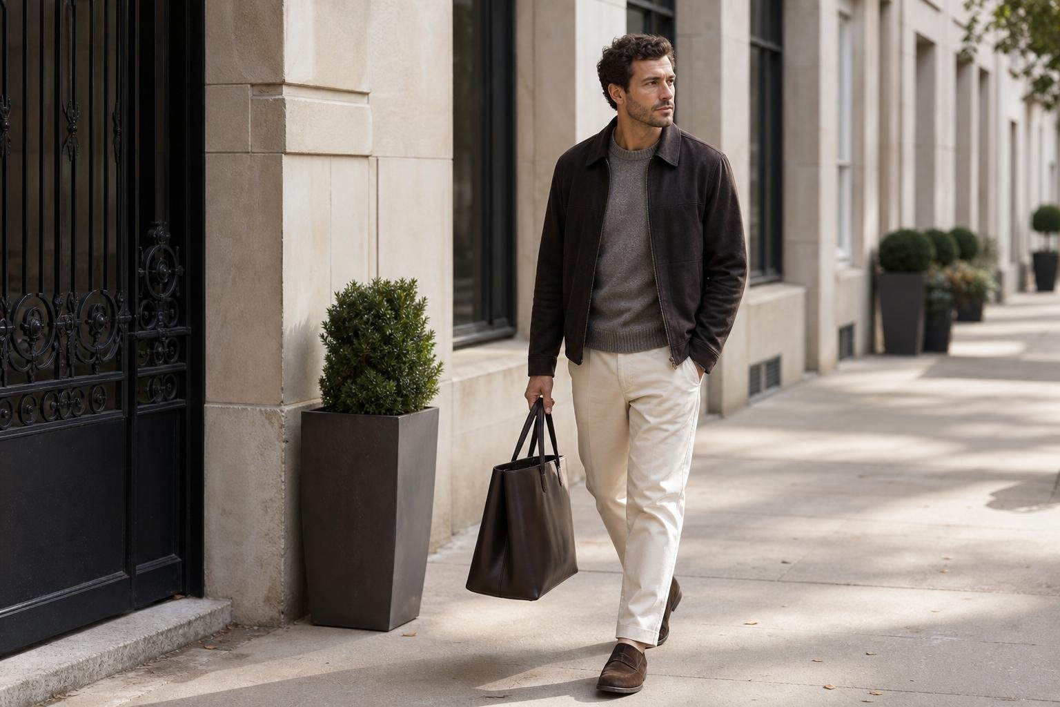 Well-dressed man carrying a structured dark leather tote on a city street