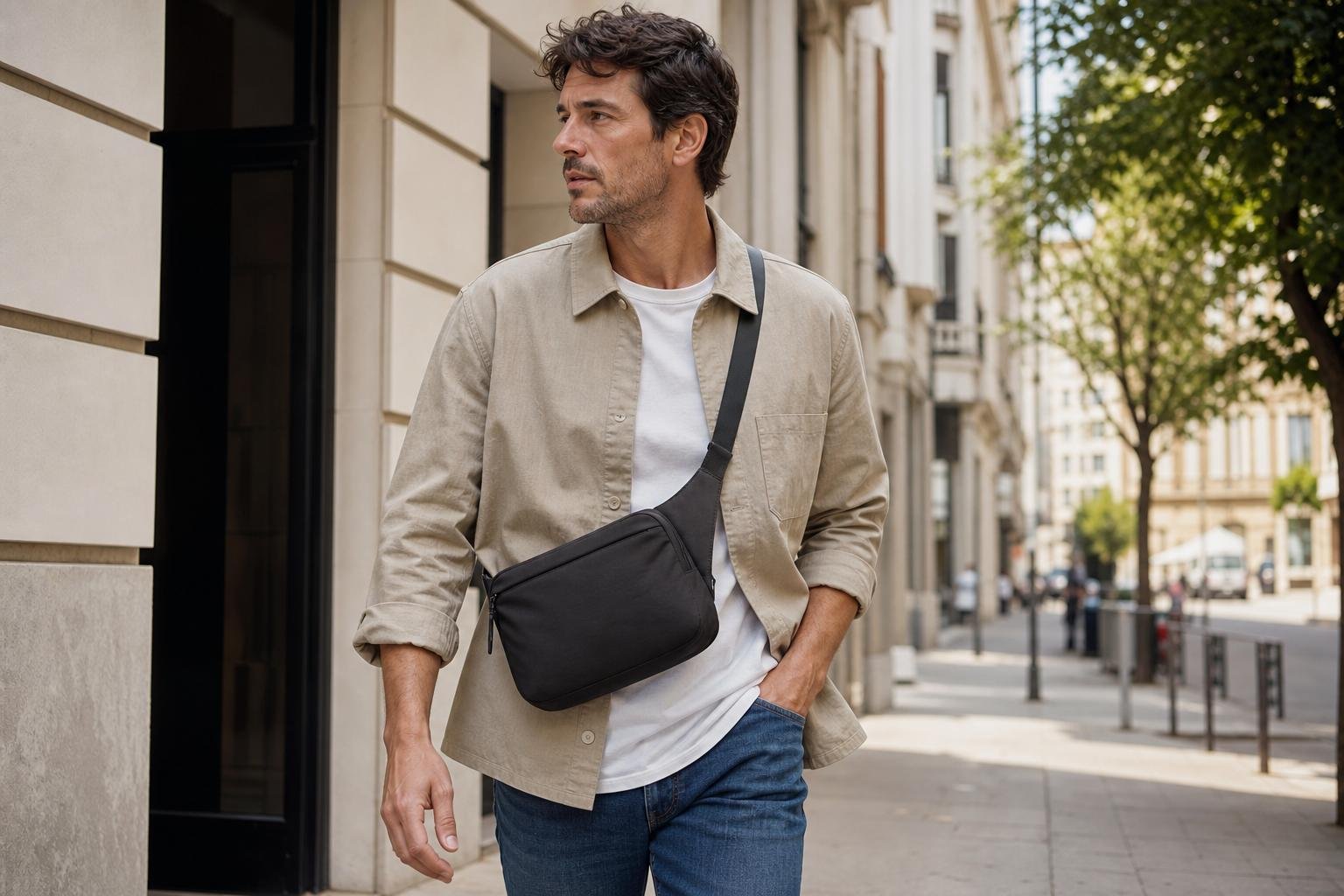 A compact handbag for men worn crossbody with a casual overshirt and jeans