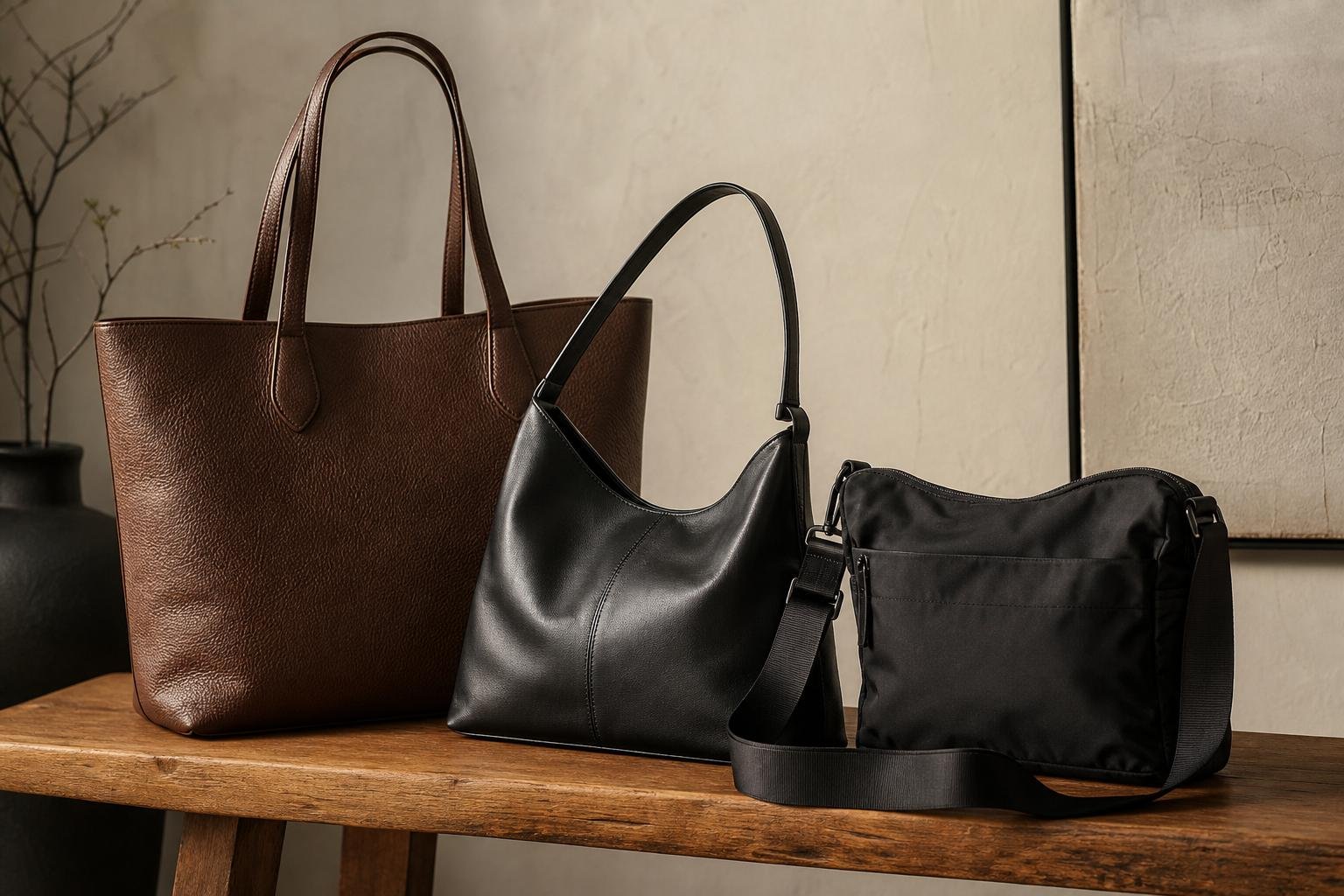 Close view of brown grained leather, black smooth leather, and dark nylon bags