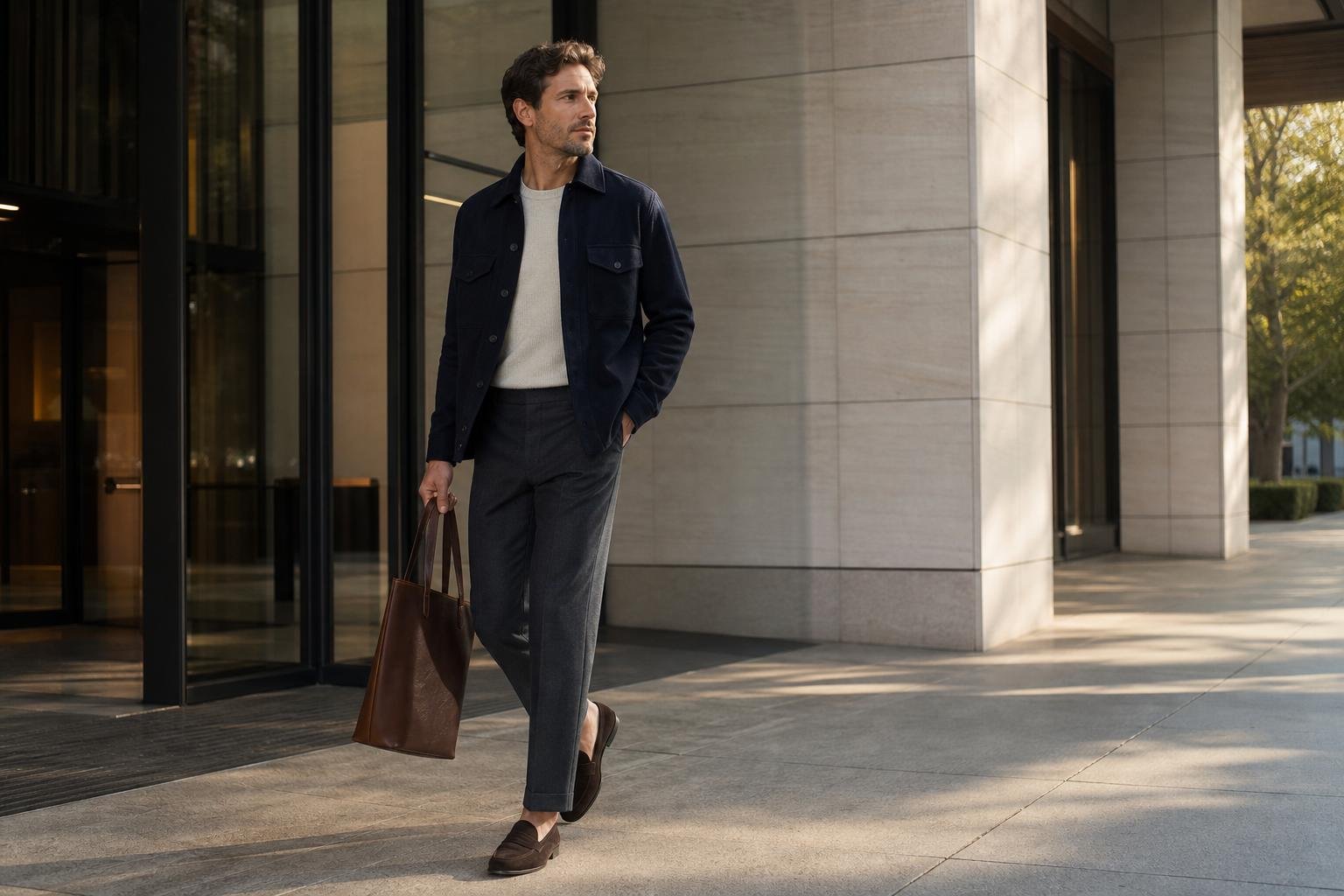 Man in smart-casual clothing carrying a slim leather tote outside an office building