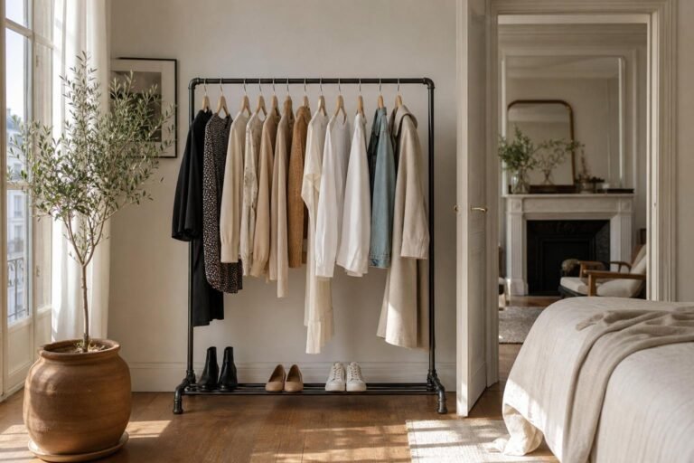 Organized bedroom wardrobe area with a freestanding garment rack, neutral clothing, and neatly arranged shoes