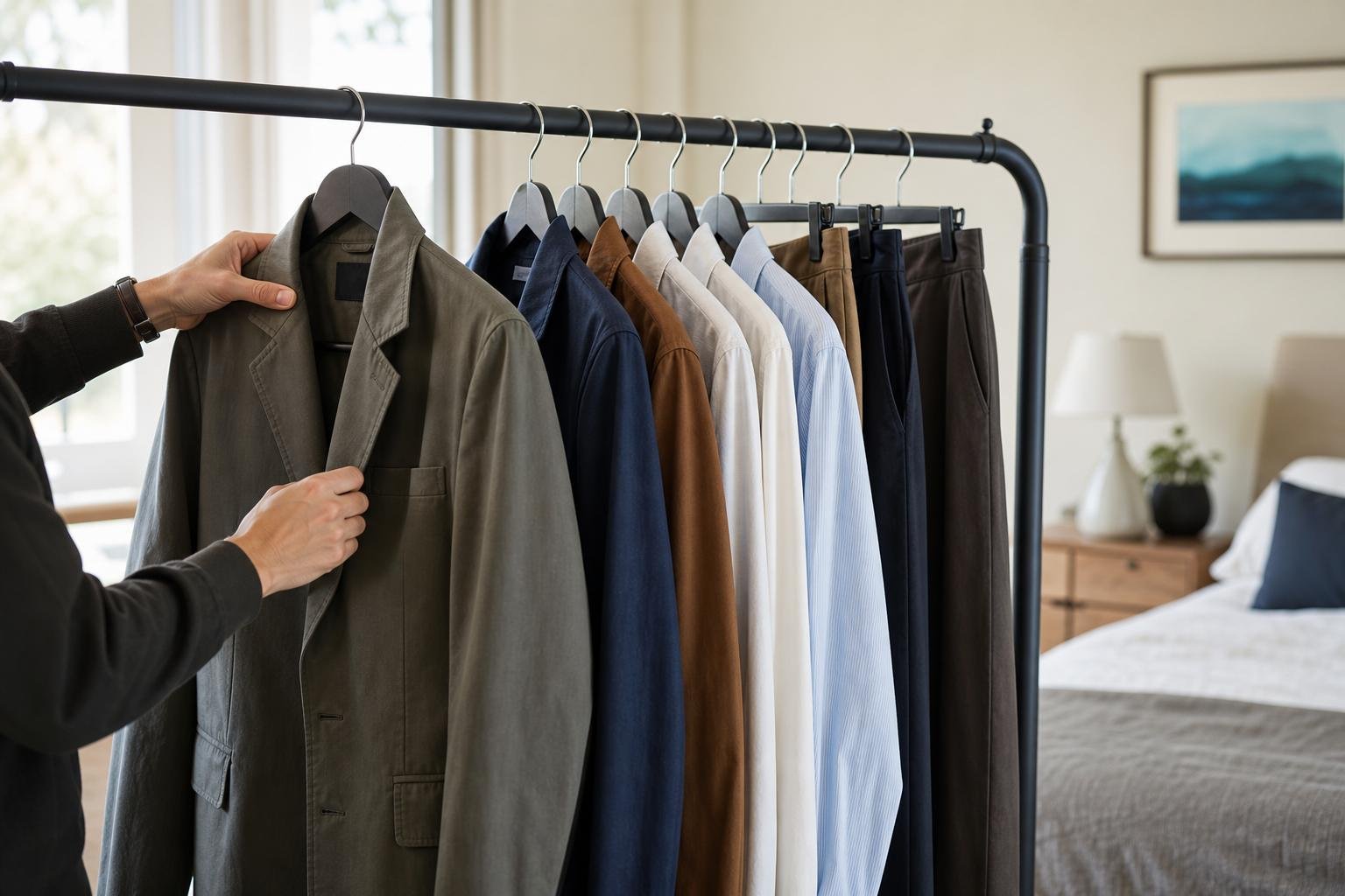 A sturdy clothing rack with jackets, shirts, and trousers arranged on matching hangers in a bright bedroom
