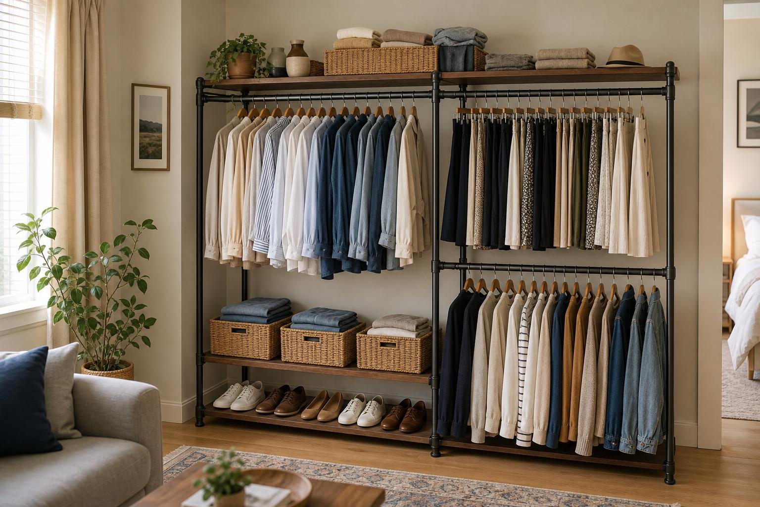 Open wardrobe storage with a double-rail rack, shoes on a lower shelf, and folded garments in baskets
