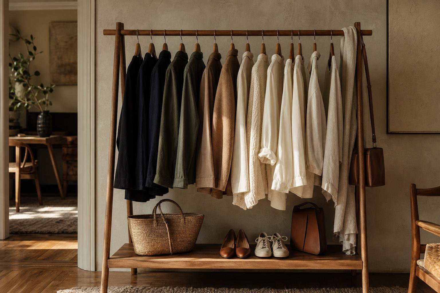 Curated neutral wardrobe on a wooden garment rack with a basket, shoes, and a small collection of accessories