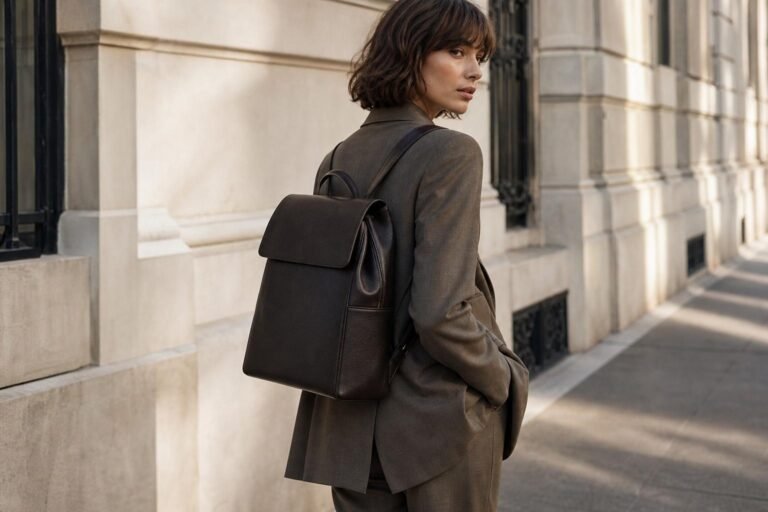 Structured leather backpack styled with tailored neutral clothing on a city sidewalk