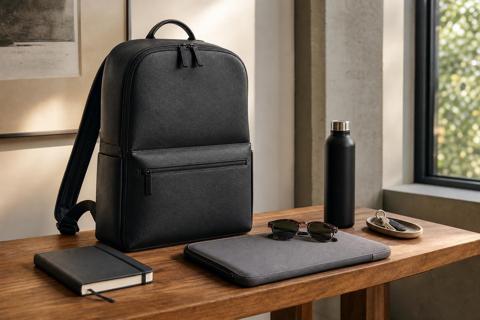 A designer backpack in structured black leather beside everyday work essentials on a bench
