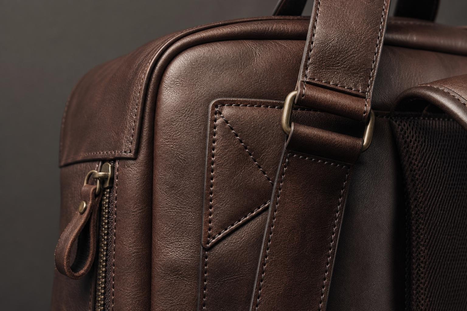 Close view of leather grain, reinforced straps, zipper pulls, and metal hardware on a refined backpack