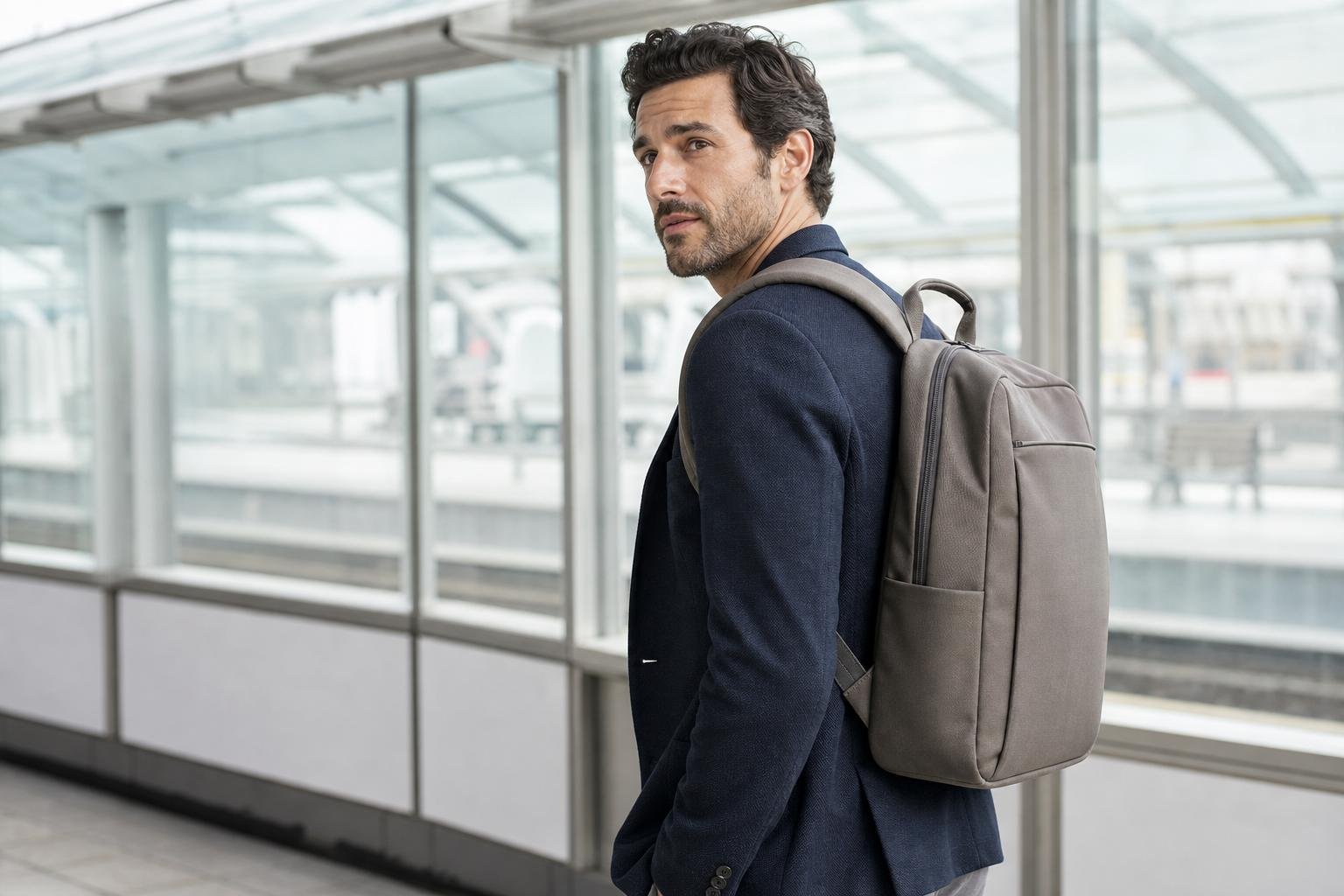 Adult commuter wearing a streamlined backpack over a lightweight blazer in a bright transit setting