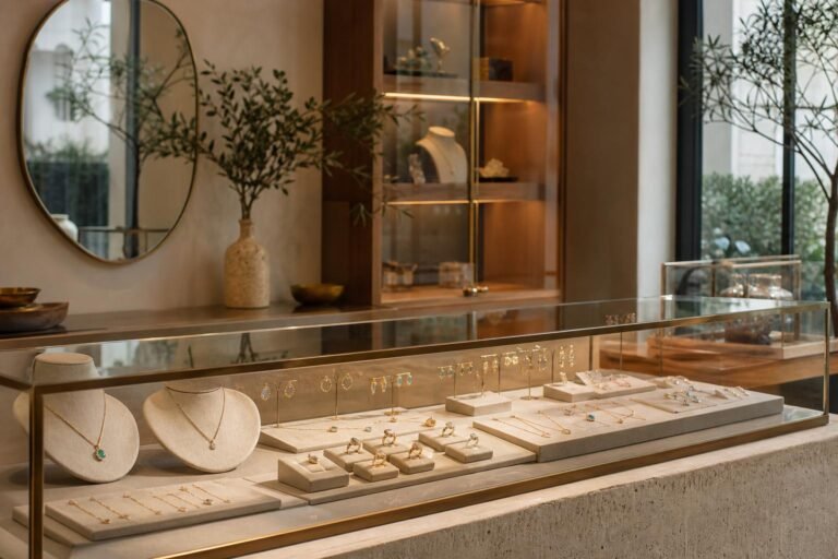 Elegant jewelry counter with gold rings, necklaces, and gemstone earrings in a softly lit boutique