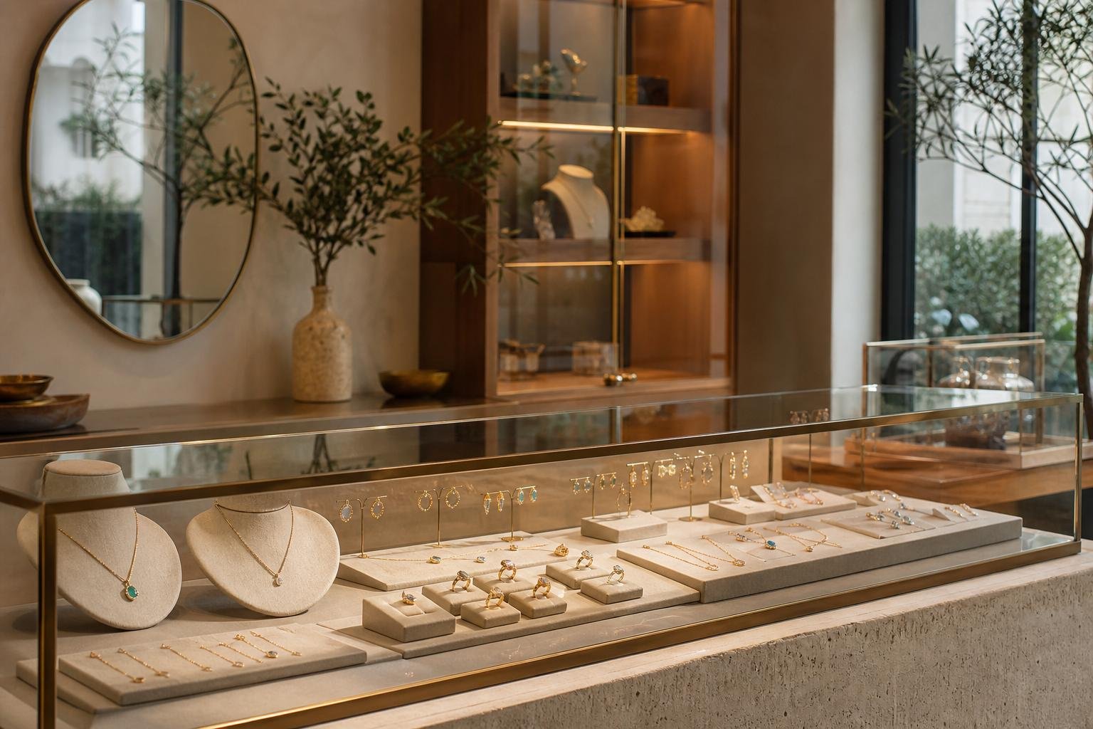 Elegant jewelry counter with gold rings, necklaces, and gemstone earrings in a softly lit boutique