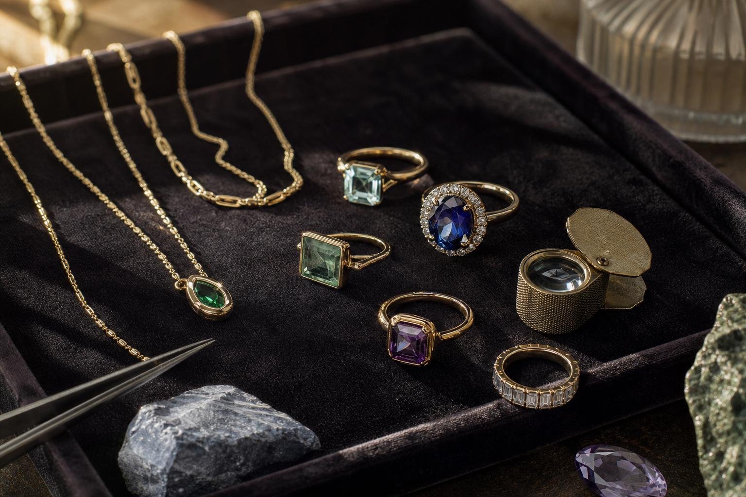 Close view of gold chains, gemstone rings, and a jeweler’s loupe on a velvet tray