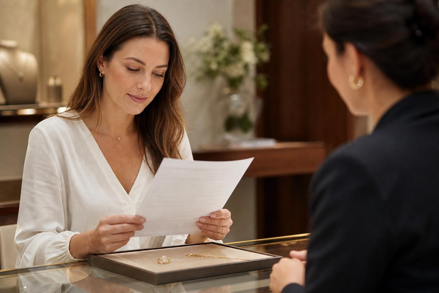 Customer reviewing a jewelry repair receipt beside a ring and bracelet at a boutique counter
