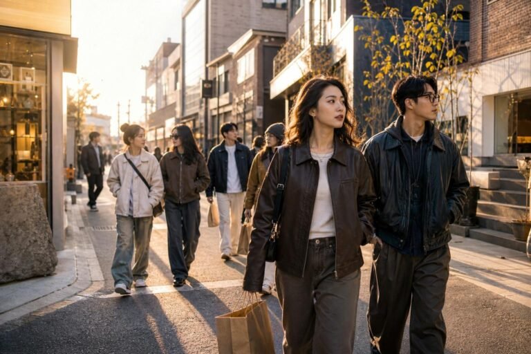 Stylish pedestrians walking through a lively Seoul shopping street with independent fashion storefronts