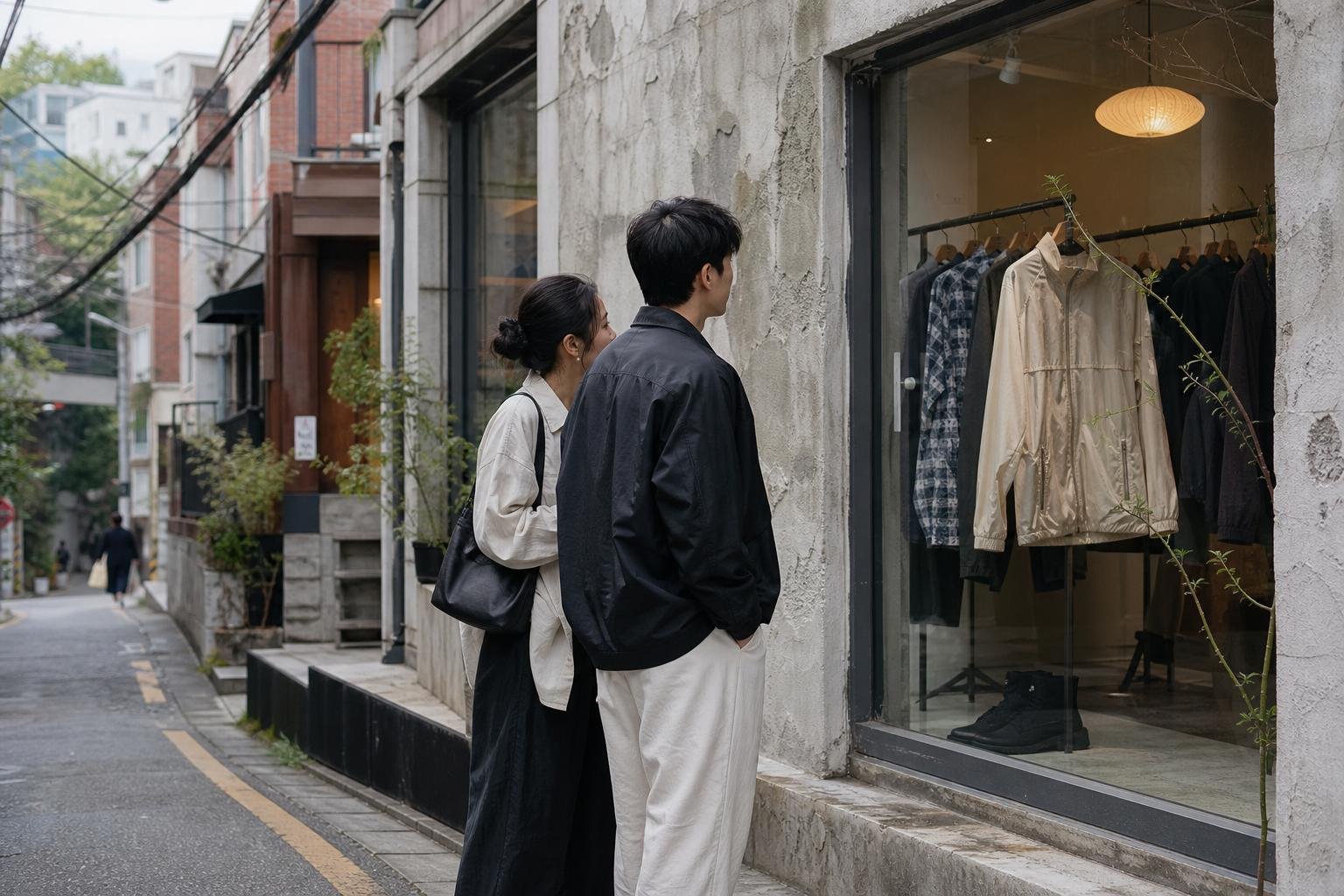 Shoppers browsing clothing stores in hongdae along a narrow fashion district street